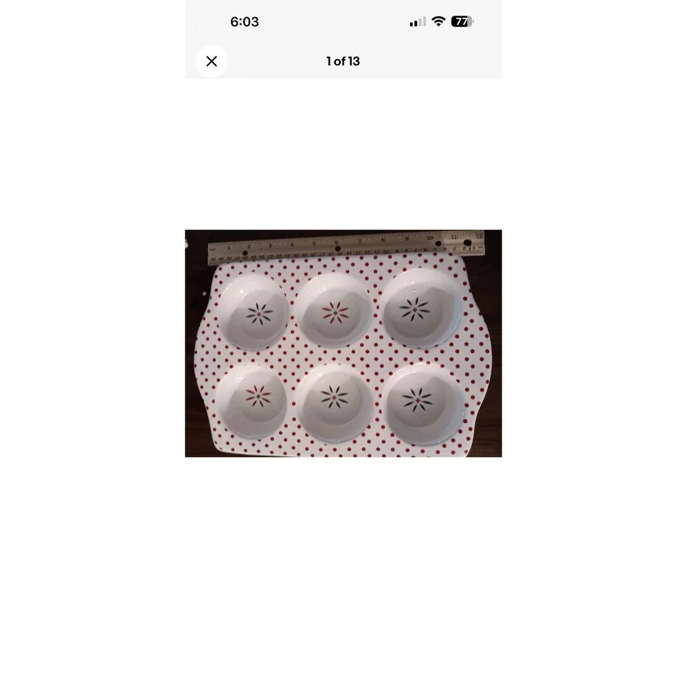 Pair Ceramic 6-Cup Muffin Pans Red Polka Dot Starburst Bakeware set of 2